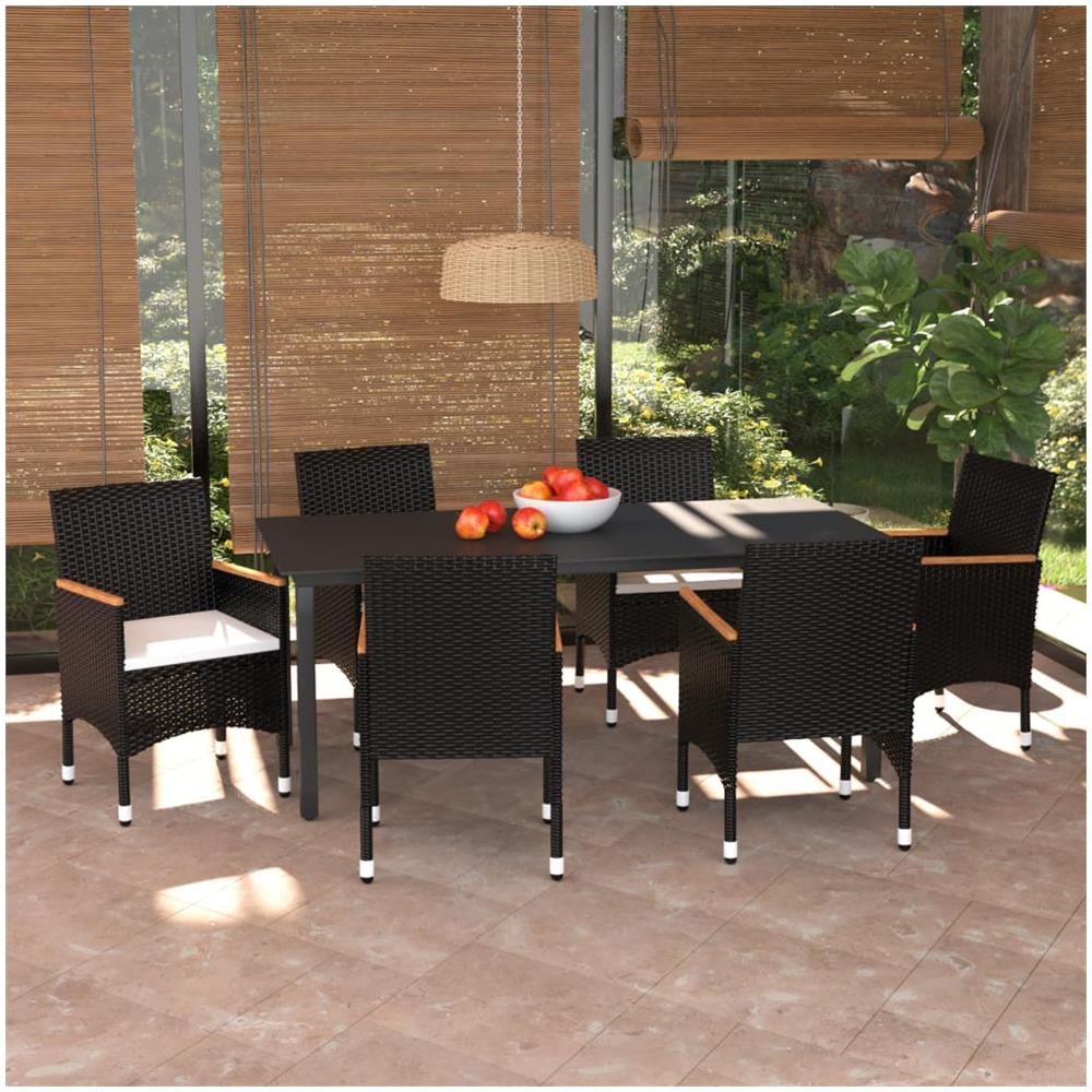 Set Da Pranzo Per Giardino 7 Pz Con Cuscini Polyrattan Nero - Foto 1