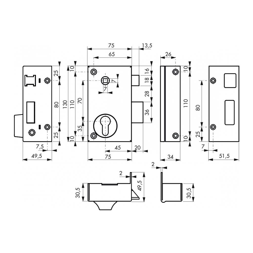Serratura Verticale Da Applicare Doppio Cilindro Con Quadro Maniglia, Asse 45mm, Destra, 75x130mm, Nero - Thirard - Foto 2