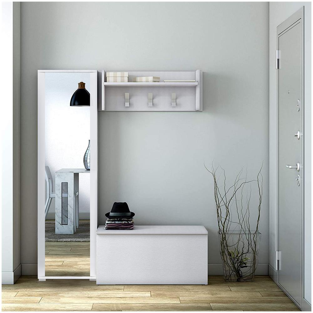 Mobile Da Ingresso Mirtilla, Entratina Moderna Con Appendiabiti, Mobile Con Scarpiera, Armadietto Con Specchio, Cm 50x32h182, Bianco - Foto 1