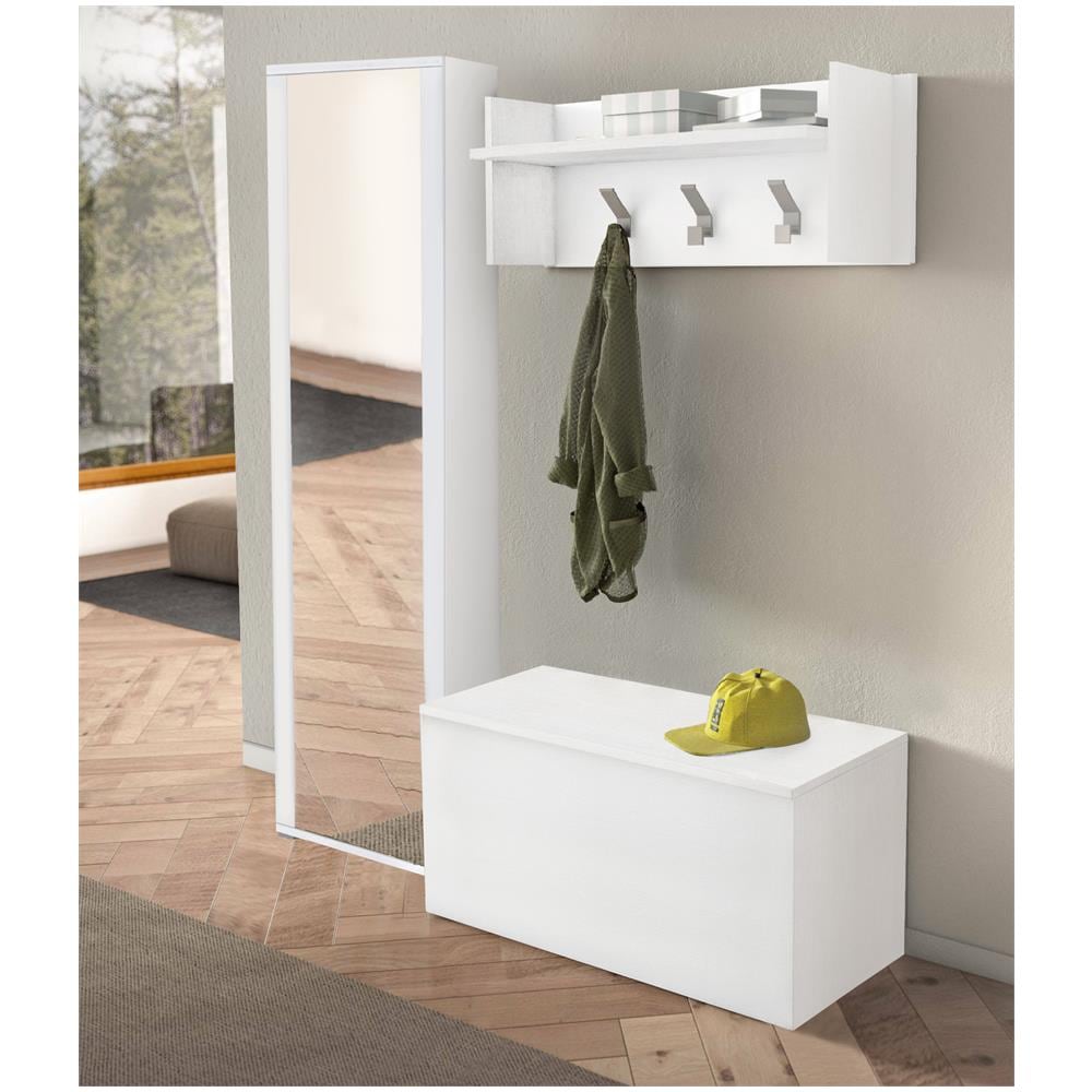 Mobile Da Ingresso Mirtilla, Entratina Moderna Con Appendiabiti, Mobile Con Scarpiera, Armadietto Con Specchio, Cm 50x32h182, Bianco - Foto 4