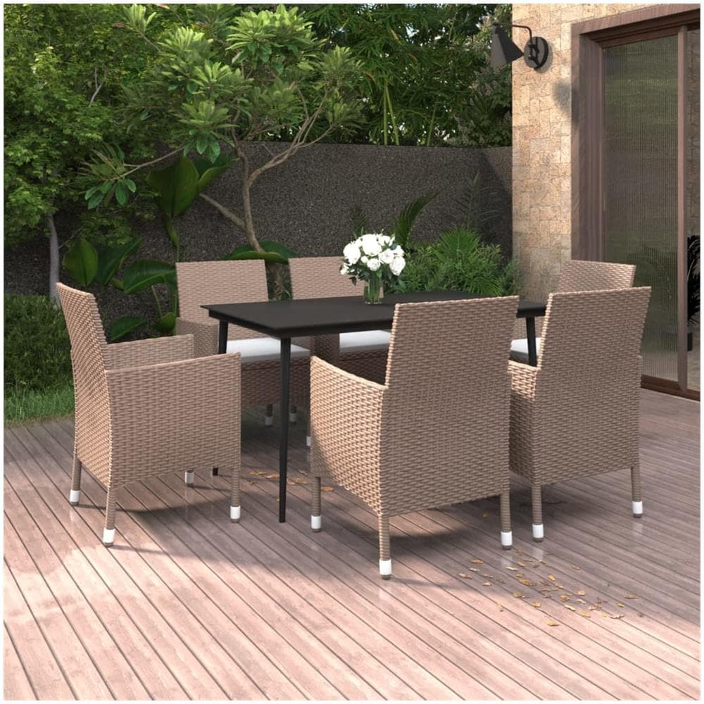 Set Da Pranzo Per Giardino 7 Pz Con Cuscini Polyrattan E Vetro - Foto 1