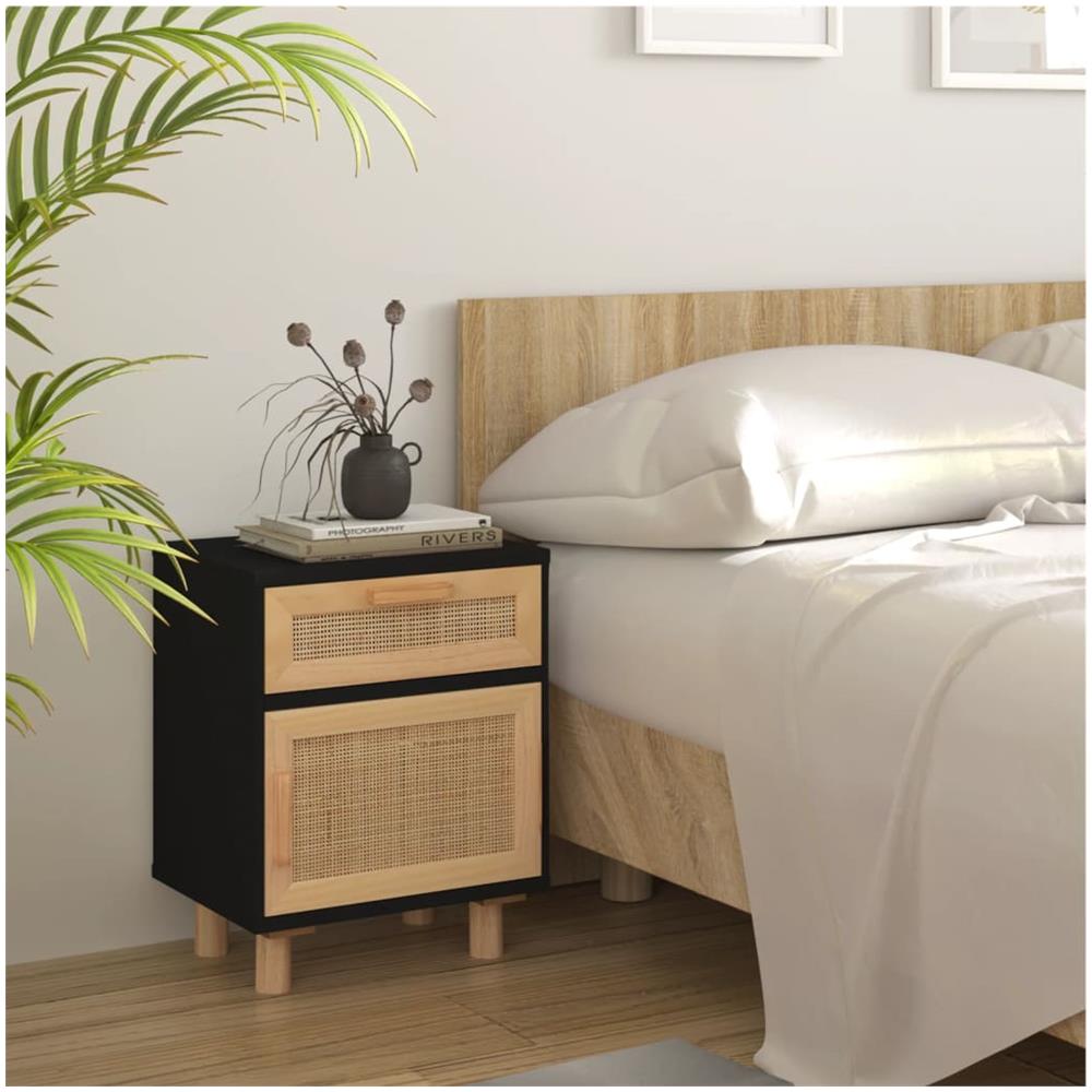 Comodini 2 Pz Neri In Legno Massello Di Pino E Rattan Naturale - Foto 2