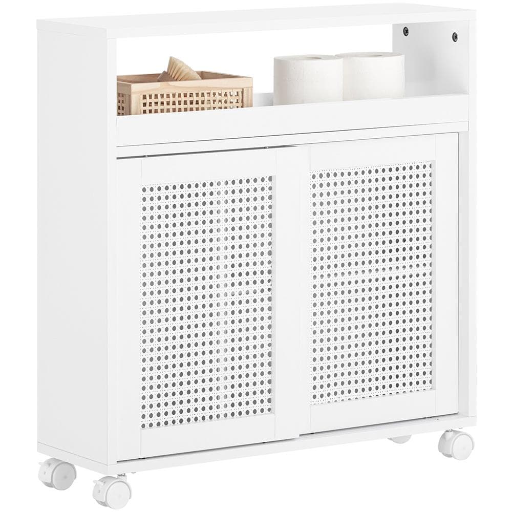 Mobile Nicchia Con Ruote Carrellino Salvaspazio Con Due Ante Scorrevoli In Rattan Mobile Bagno Bianco 20x65x70cm Bzr119-w - Foto 1
