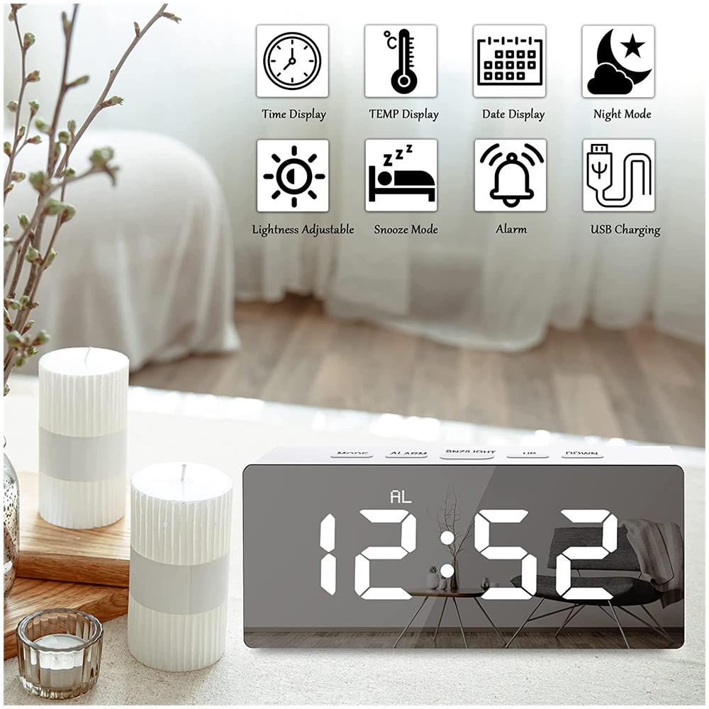 Sveglia Digitale A Led Con Superficie A Specchio Bianca - Foto 2