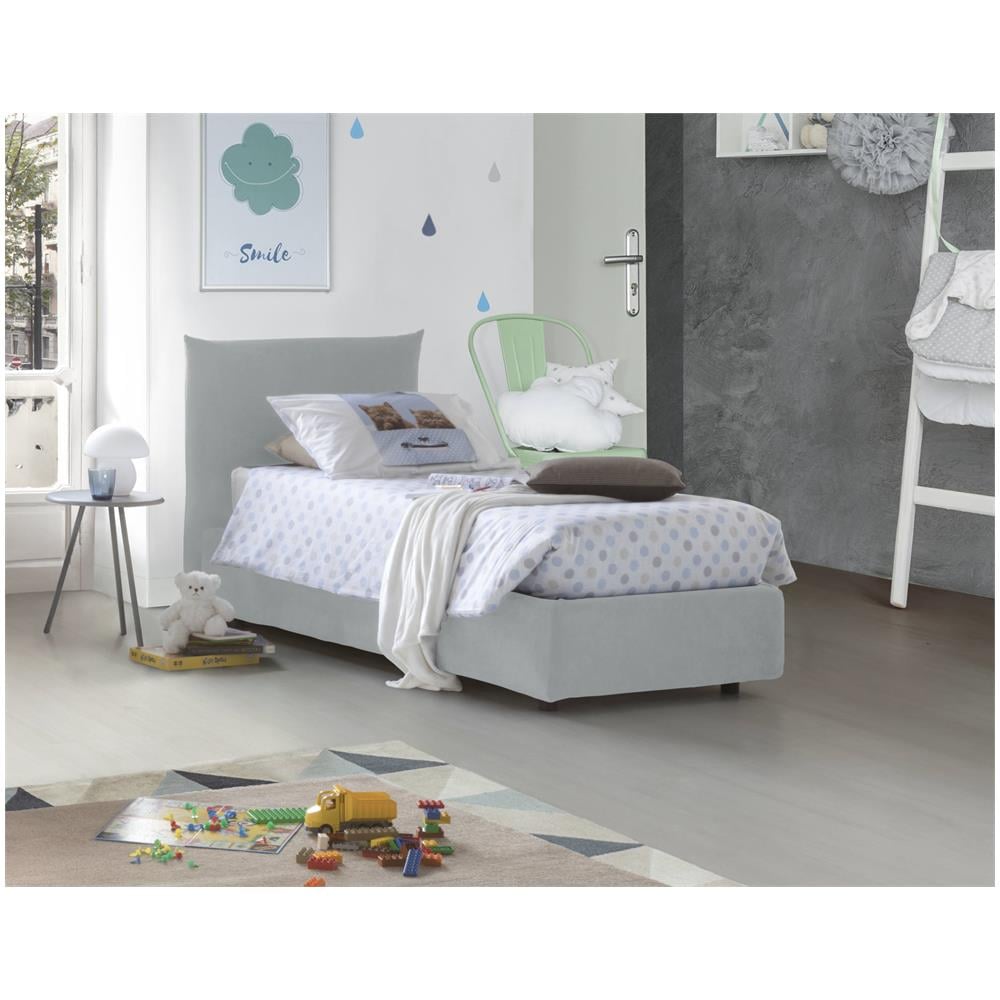 Letto Singolo Daisy, Letto Contenitore Con Rivestimento In Tessuto, 100% Made In Italy, Apertura Frontale, Con Materasso Cm 80x190 Incluso, Bianco - Foto 1