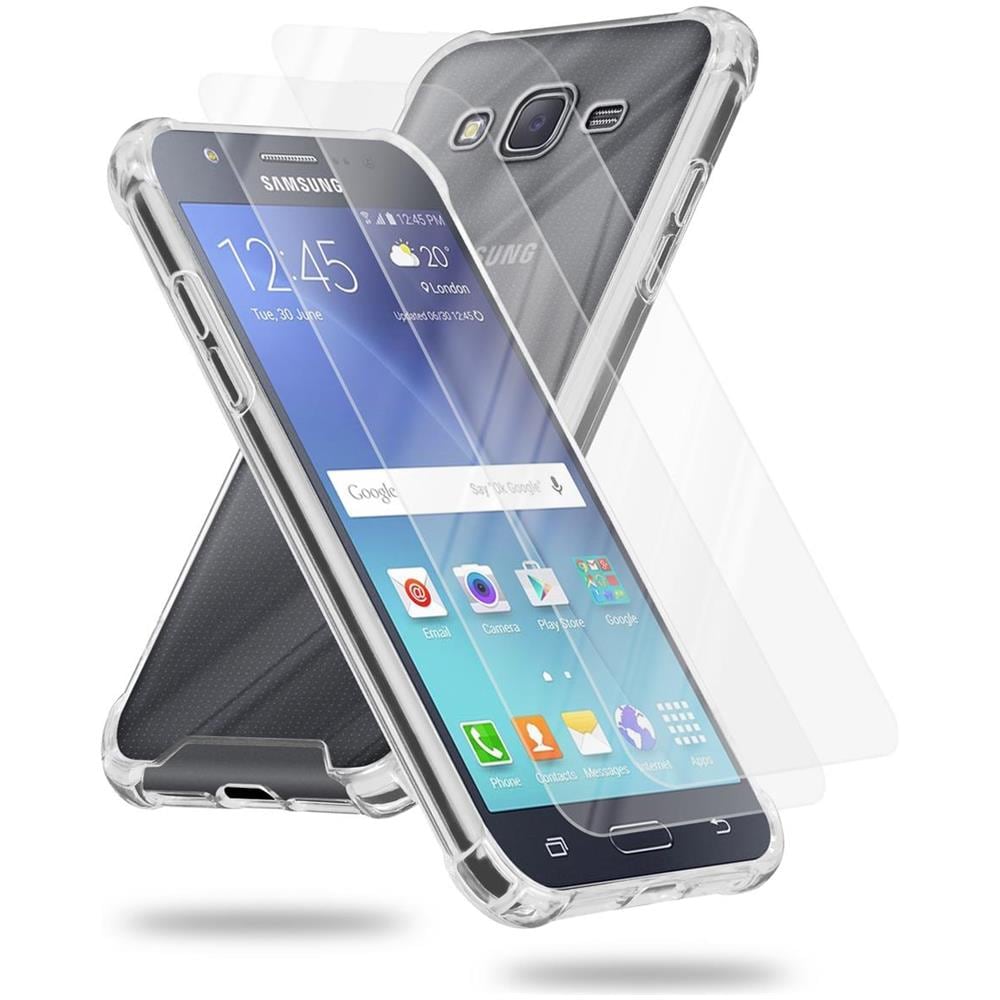 Custodia E 2x Vetro Di Protezione Temperato Compatibile Con Samsung Galaxy J7 2015 In Transparente - Coperchio Protettivo Ibrido Con Bordo In Silicone Tpu E Retro In Vetro Acrilico - Foto 1