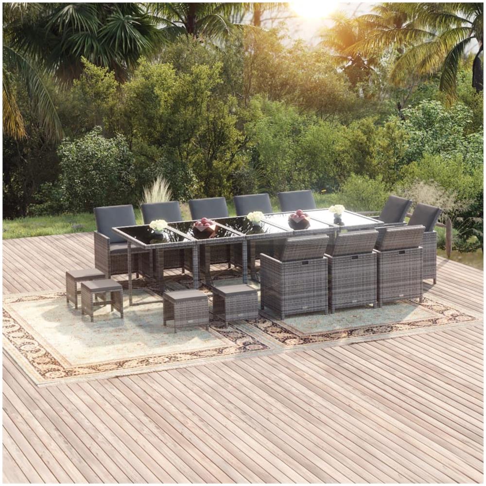 Set Da Pranzo Per Giardino 15 Pz Con Cuscini Polyrattan Grigio - Foto 1