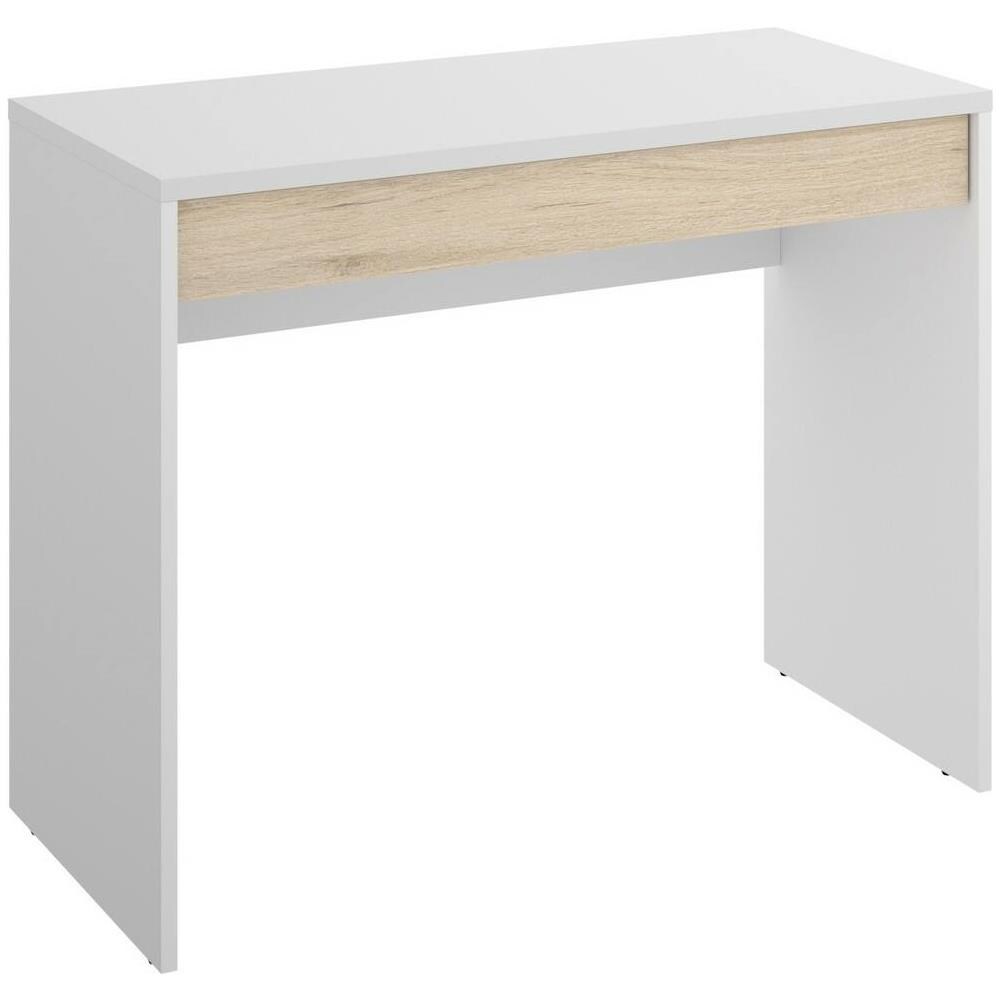 Scrivania Forato, Scrittoio Ufficio Salvaspazio Multiuso, Tavolo Da Studio Lineare Con 1 Cassetto, 90x50h74 Cm, Bianco E Rovere - Foto 2
