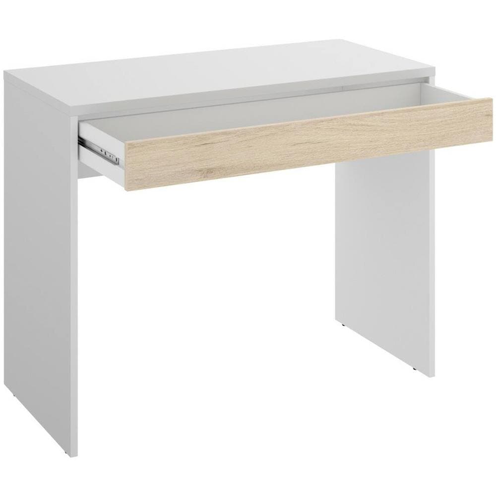 Scrivania Forato, Scrittoio Ufficio Salvaspazio Multiuso, Tavolo Da Studio Lineare Con 1 Cassetto, 90x50h74 Cm, Bianco E Rovere - Foto 4