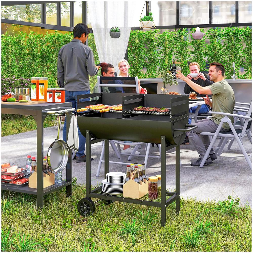 Barbecue in Acciaio con 2 Griglie Indipendenti 2 Ruote e Ripiano Inferiore Nero 90x45x96 cm - Foto 2