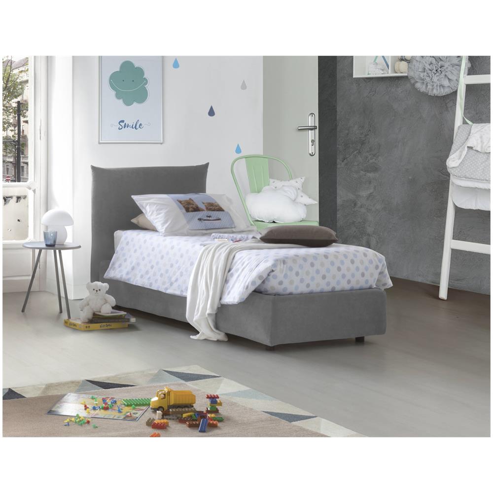 Letto Singolo Daisy, Letto Contenitore Con Rivestimento In Tessuto, 100% Made In Italy, Apertura Frontale, Con Materasso Cm 80x190 Incluso, Grigio - Foto 1