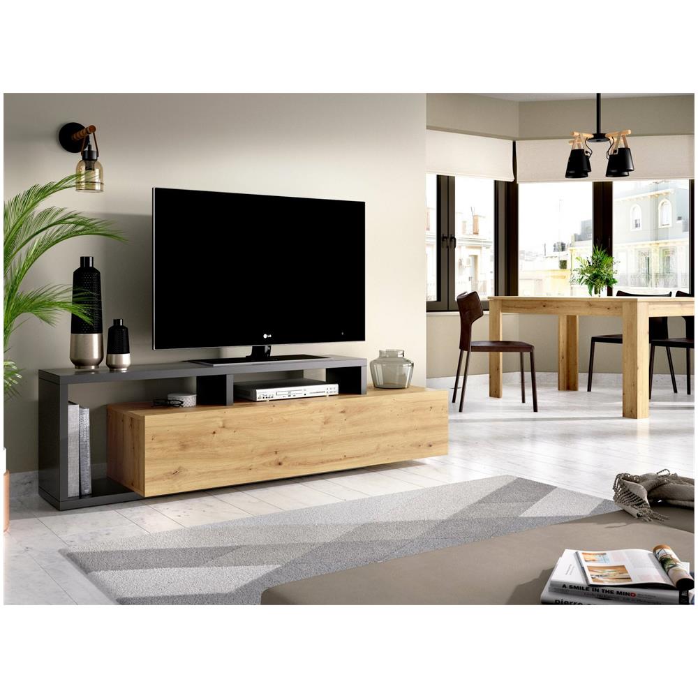 Mobile Porta Tv Maiella, Credenza Bassa Da Soggiorno, Madia Da Salotto Per Televisione, 165x40h47 Cm, Rovere Nodi E Antracite - Foto 1