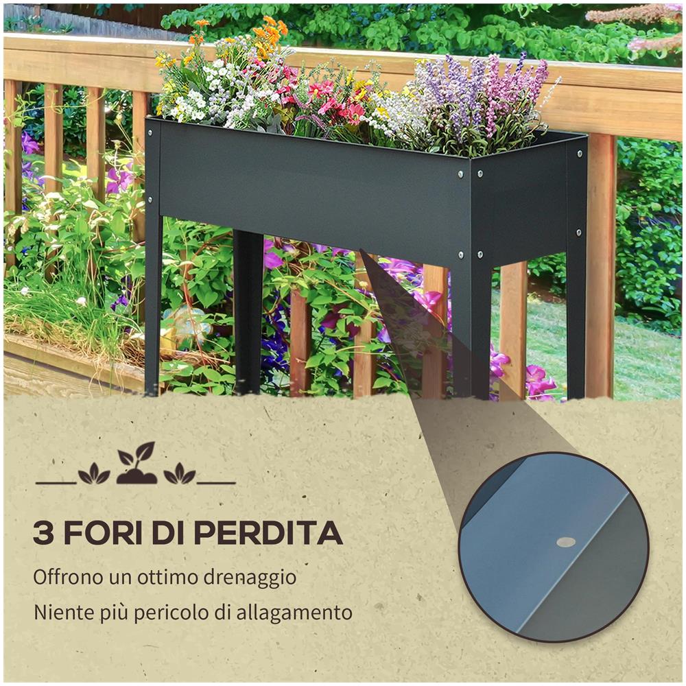 Fioriera da Esterno Rialzata in Metallo con 3 Fori di Drenaggio, 100x30x80 cm, Grigio - Foto 6