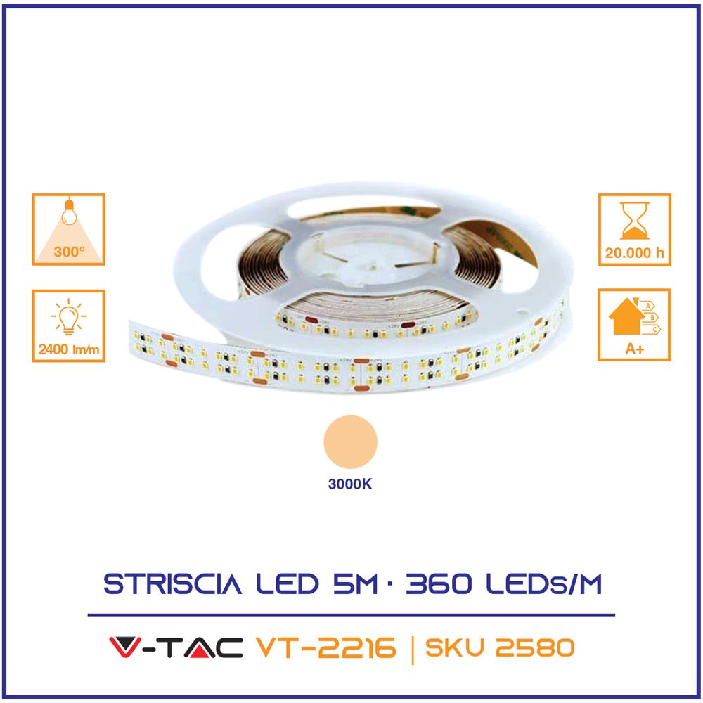 Vt-2216 Striscia Led Smd2216 24v 5m Cri >95 Bianco Caldo 3000k Ip20 No Wp - Sku 2580 - Foto 1