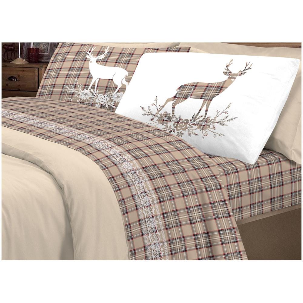Completo Lenzuola Linea Pensieri Delicati 100% Cotone Disegno Cervo Tartan Piazza E Mezza Beige - Foto 1
