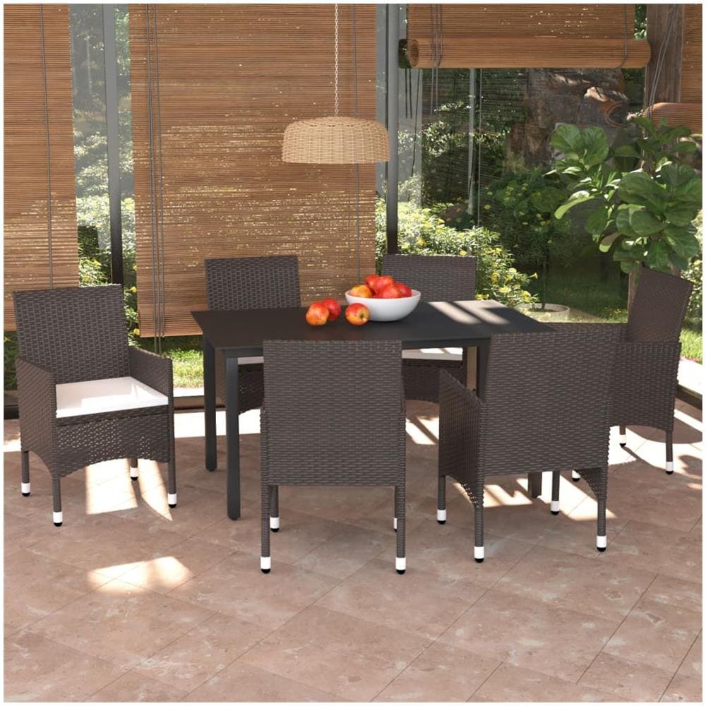 Set Da Pranzo Per Giardino 7 Pz Con Cuscini Polyrattan Marrone - Foto 1