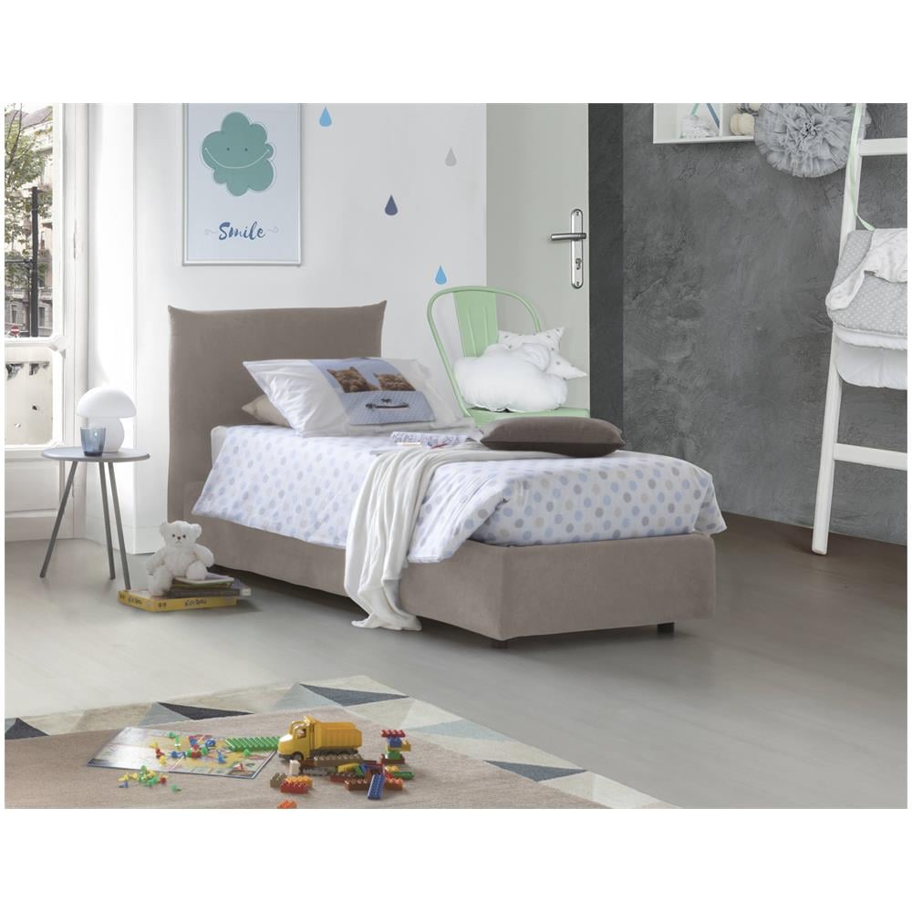 Letto Singolo Daisy, Letto Contenitore Con Rivestimento In Tessuto, 100% Made In Italy, Apertura Frontale, Con Materasso Cm 80x190 Incluso, Tortora - Foto 1