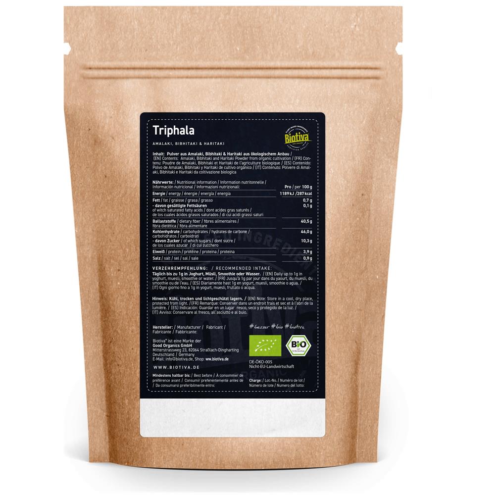 Triphala In Polvere Bio - 500g - Di Amalaki, Haritaki, Bibhitaki - Ayurveda Biotriphala - Confezionato E Controllato In Germania (de-eco-005) - 100% Vegano - Foto 2