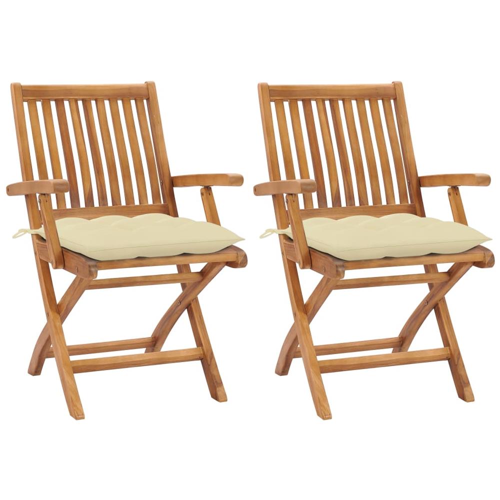 Sedie da Giardino 2 pz Cuscini Bianco Crema in Massello di Teak - Foto 1