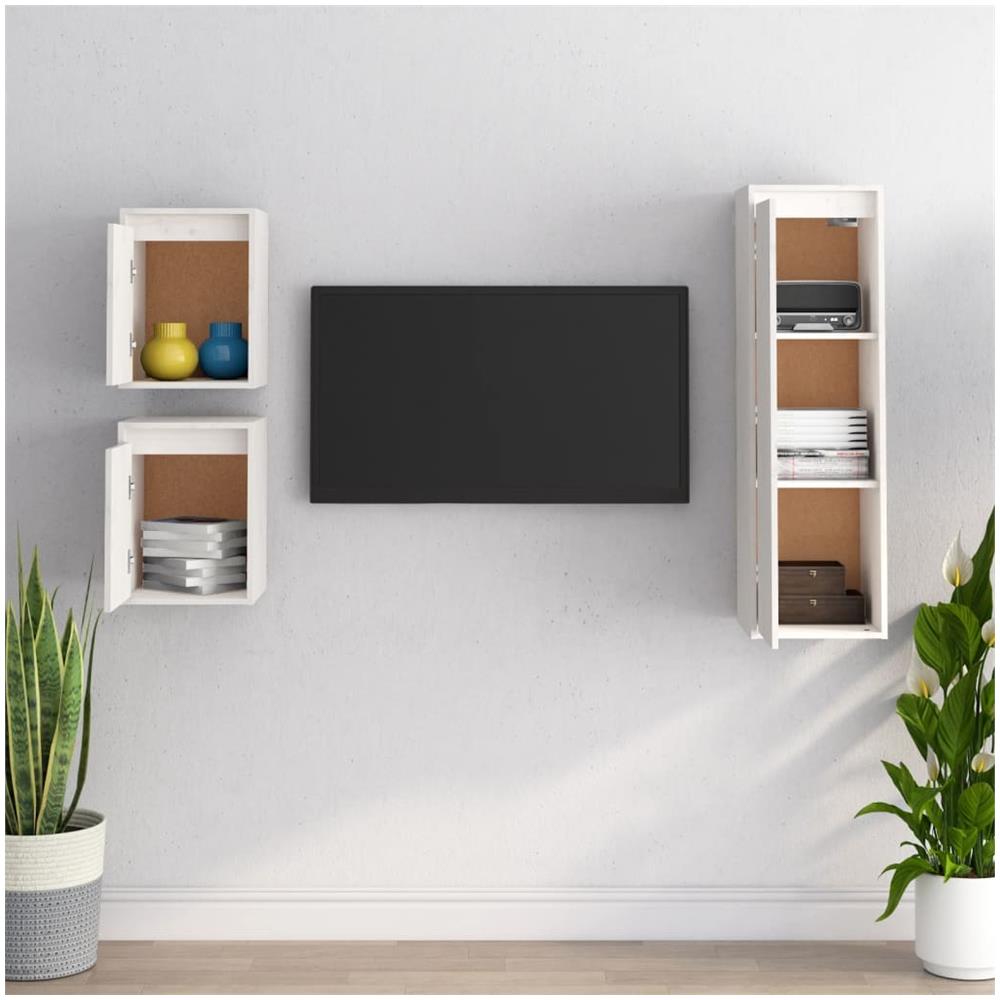 Mobili Porta Tv 3 Pz Bianchi In Legno Massello Di Pino - Foto 2