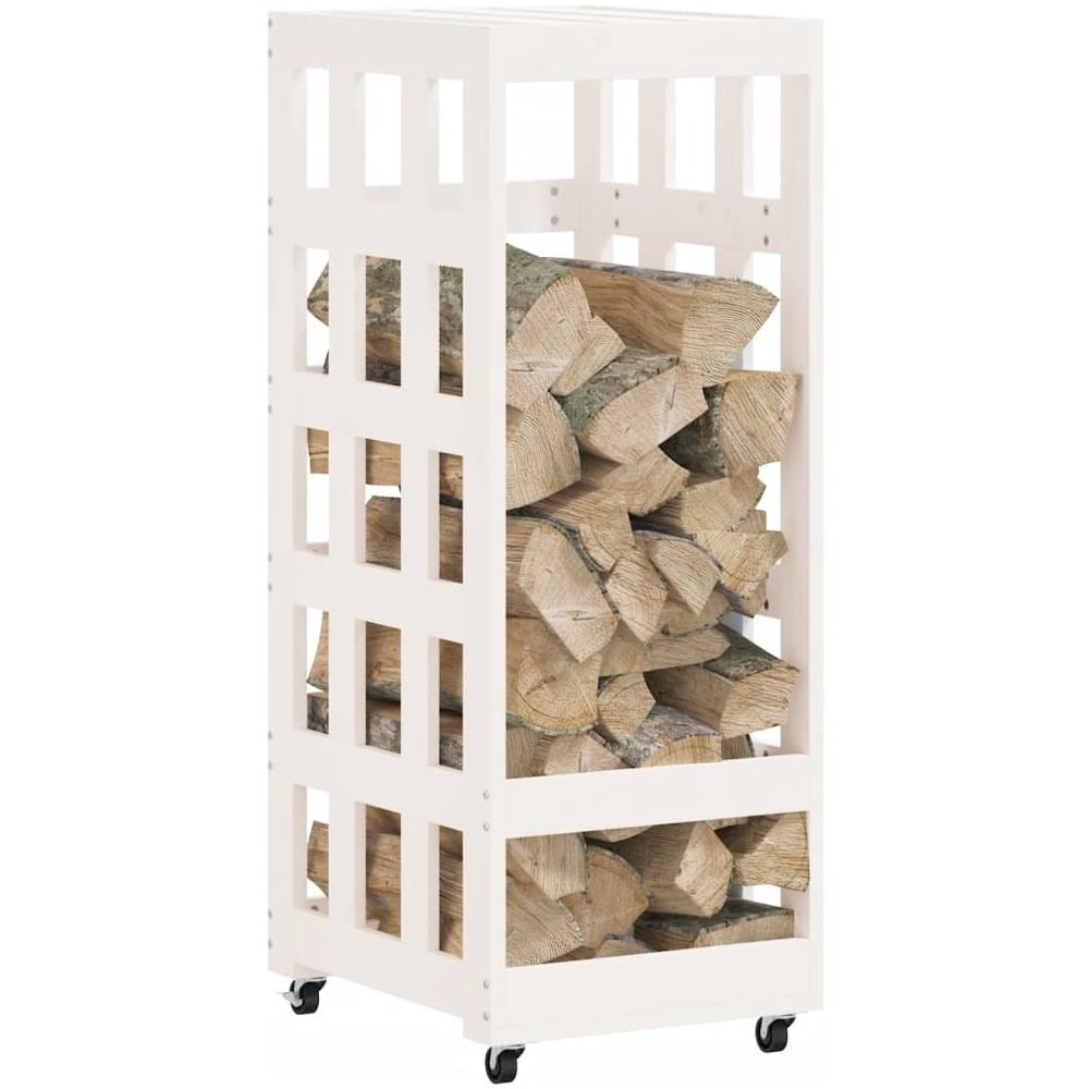 Portalegna Con Ruote Bianco 40x49x110 Cm Legno Massello Di Pino - Foto 3