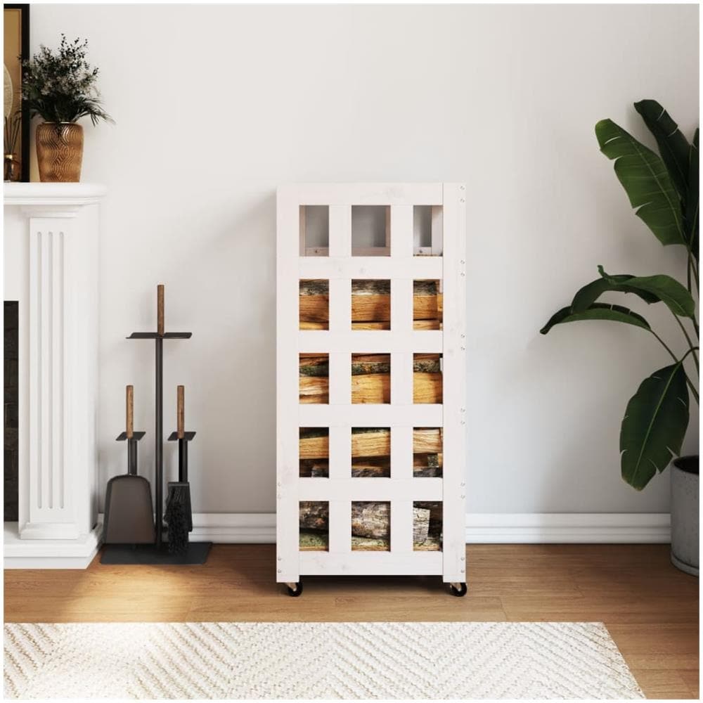 Portalegna Con Ruote Bianco 40x49x110 Cm Legno Massello Di Pino - Foto 1