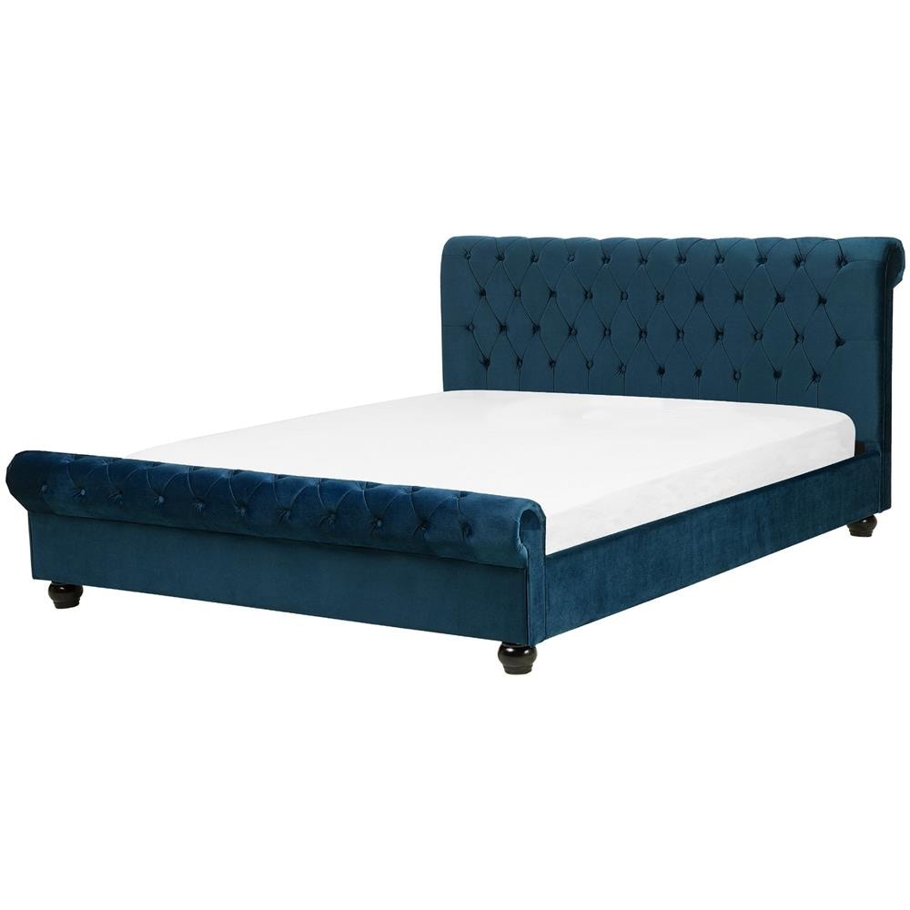 Letto Matrimoniale In Velluto Blu Stile Chesterfield 160x200cm Avallon - Foto 1