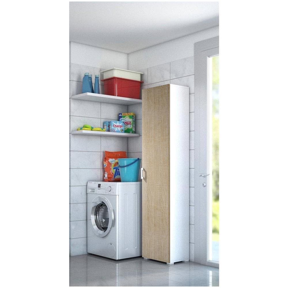 Armadio Multiuso Aquilegia, Mobile Lineare A 1 Anta Battenti E 4 Ripiani Regolabili, Mobile A Colonna Per Bagno, 100% Made In Italy, 45x45h195 Cm, Rovere E Bianco - Foto 1