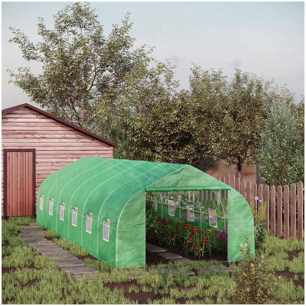 Serra da Giardino a Tunnel 8x3x2m in PE e Acciaio con Porta Avvolgibile e Finestre, Verde - Foto 2