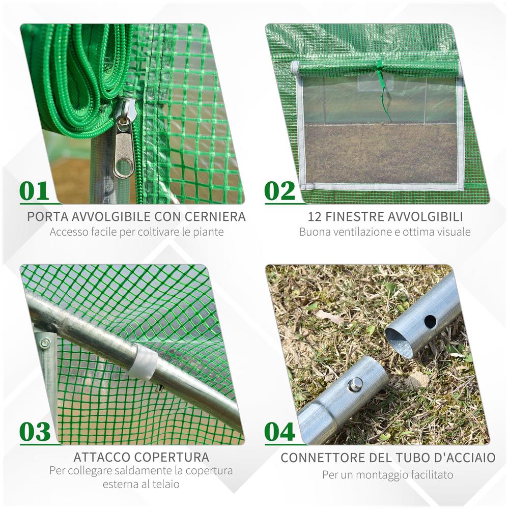 Serra da Giardino a Tunnel 8x3x2m in PE e Acciaio con Porta Avvolgibile e Finestre, Verde - Foto 6
