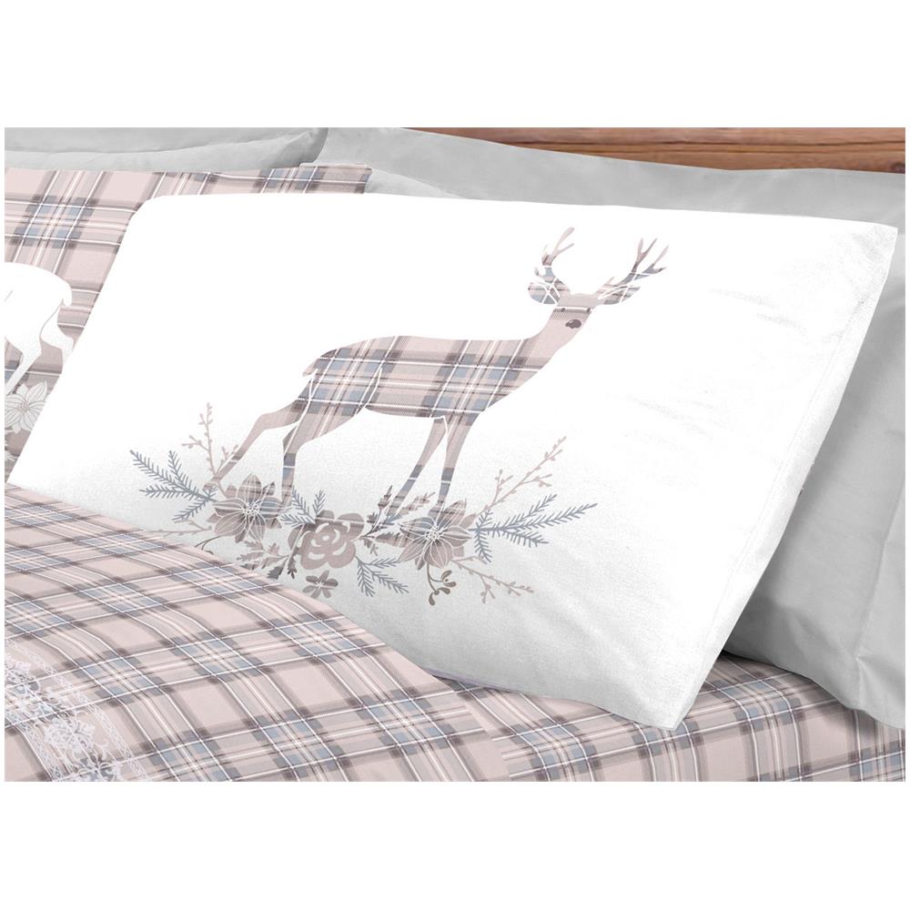 Completo Lenzuola Flanella Pensieri Delicati 100% Cotone Disegno Cervo Tartan Piazza E Mezza Beige - Foto 2