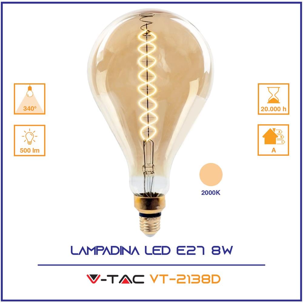 Vt-2138d Lampadina E27 Filamento Led A Doppia Spirale 8w Bulb A160 Con Vetro Ambrato Dimmerabile - Sku 7461 - Foto 1
