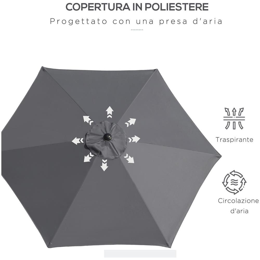Ombrellone da Giardino 2.6x2.4 m Inclinabile con Manovella, in Alluminio e Poliestere Grigio e Nero - Foto 6