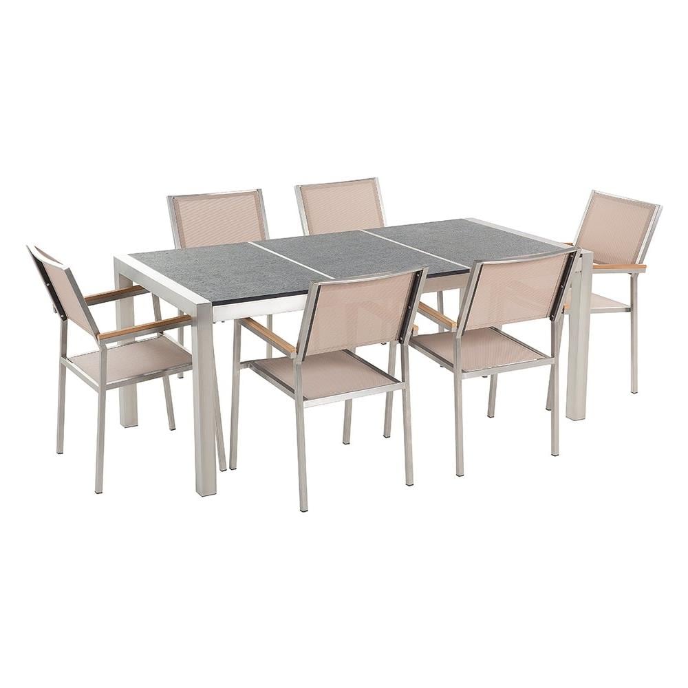 Set Di Tavolo E 6 Sedie Da Giardino In Acciaio, Basalto E Fibra Tessile Beige - Nero Fiammato - 180cm - Grosseto - Foto 1