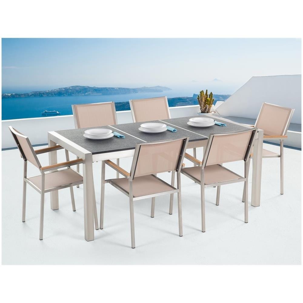 Set Di Tavolo E 6 Sedie Da Giardino In Acciaio, Basalto E Fibra Tessile Beige - Nero Fiammato - 180cm - Grosseto - Foto 2