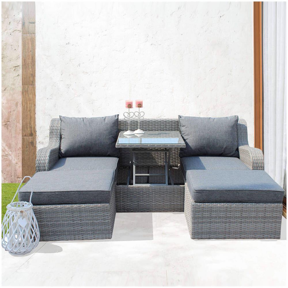 Grandis - Divano Da Giardino Con 2 Pouf Completo Di Cuscino Intreccio In Rattan Sintetico - Foto 2