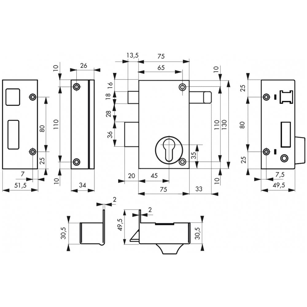 Serratura Verticale Da Applicare Doppio Cilindro A Tirante Per Porta Esterna, Asse 45mm, Sinistra, 75x130mm, Nero - Thirard - Foto 1