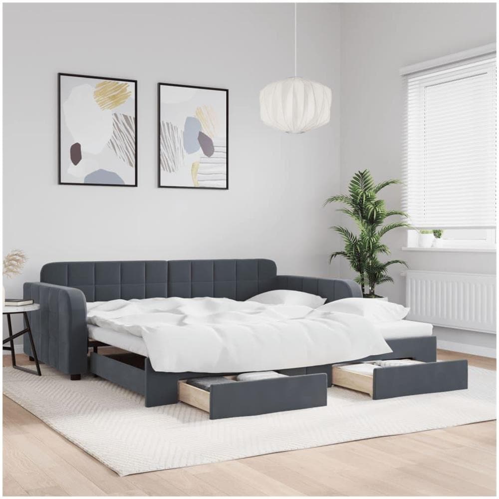 Divano Letto Estraibile Cassetti Grigio Scuro 100x200cm Velluto - Foto 2