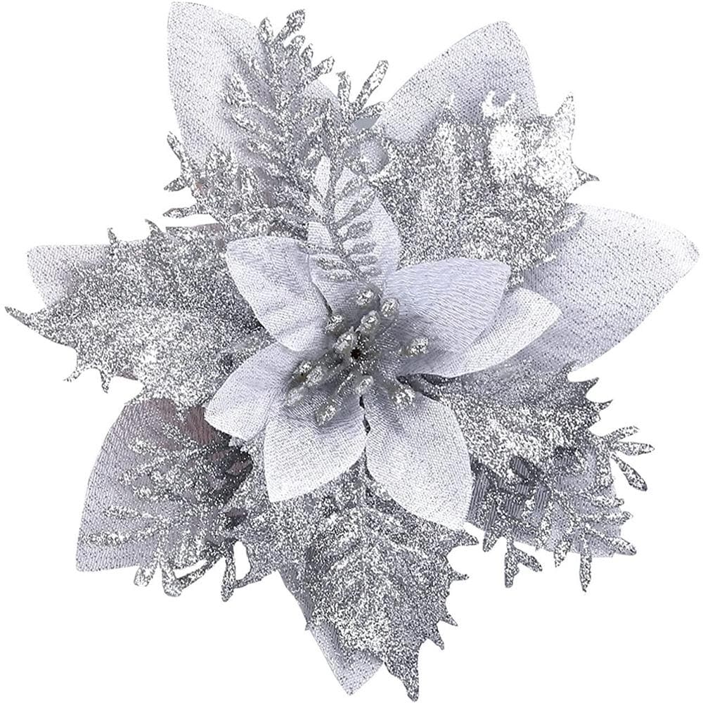 Fiori Di Natale Artificiali In Argento Confezione Da 5 Decorazioni Natalizie - Foto 2