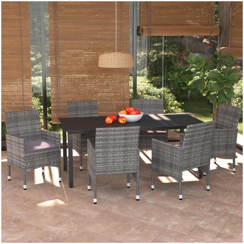 Set Da Pranzo Per Giardino 7 Pz Con Cuscini Polyrattan Grigio - Foto 1
