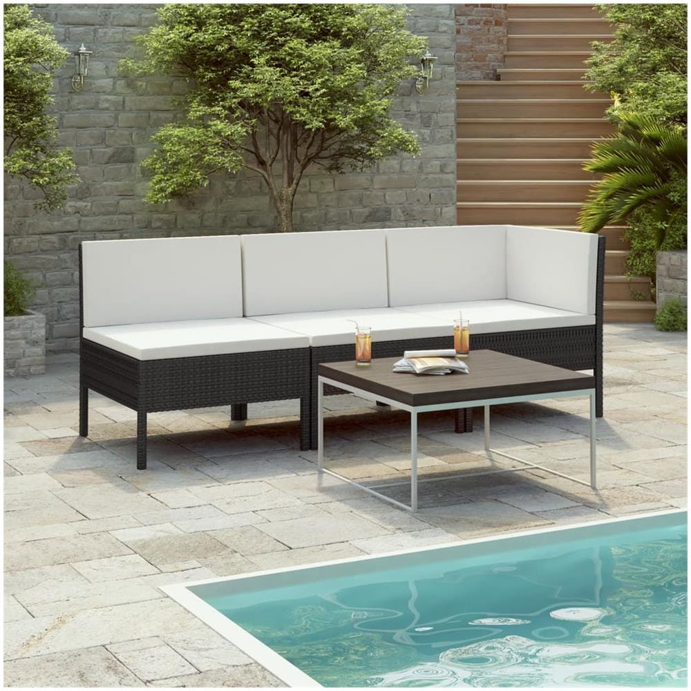Set Divani da Giardino 3 pz con Cuscini in Polyrattan Nero - Foto 1
