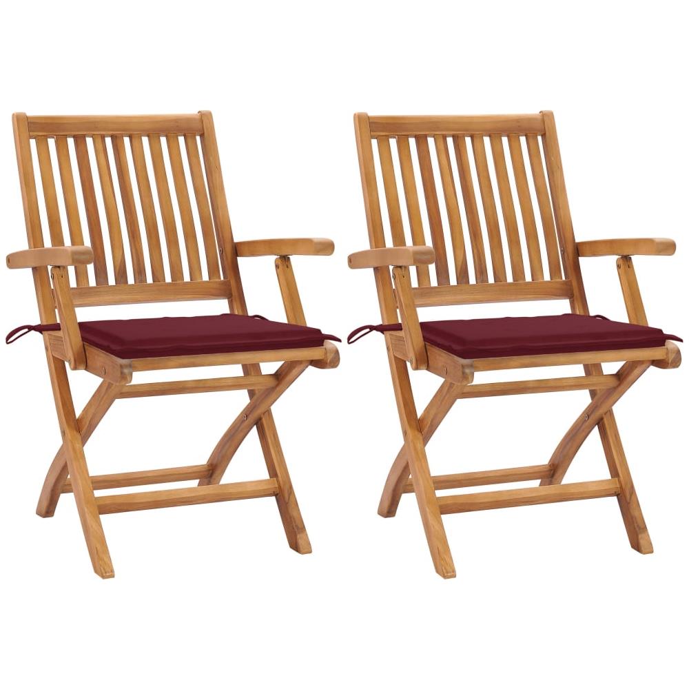 Sedie da Giardino 2 pz con Cuscini Rosso Vino Massello di Teak - Foto 1