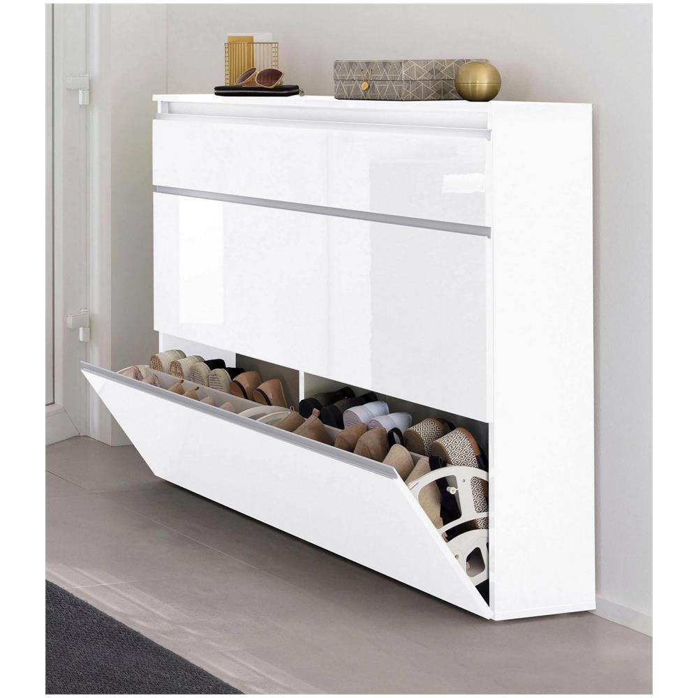 Scarpiera Piero, Mobile Multiuso A 2 Ante E 1 Anta A Ribalta, Portascarpe Da Ingresso, 100% Made In Italy, Cm 120x27h108, Bianco Lucido - Foto 1
