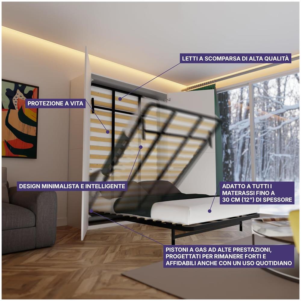 Letto a Scomparsa Orizzontale Classic 200 x 160 - Meccanismo a Pistone a Gas, Supporta fino a 350kg, Design Salva-spazio, Montaggio Facile, Compatibile con Materassi (Spessore Fino a 30cm) - Foto 4