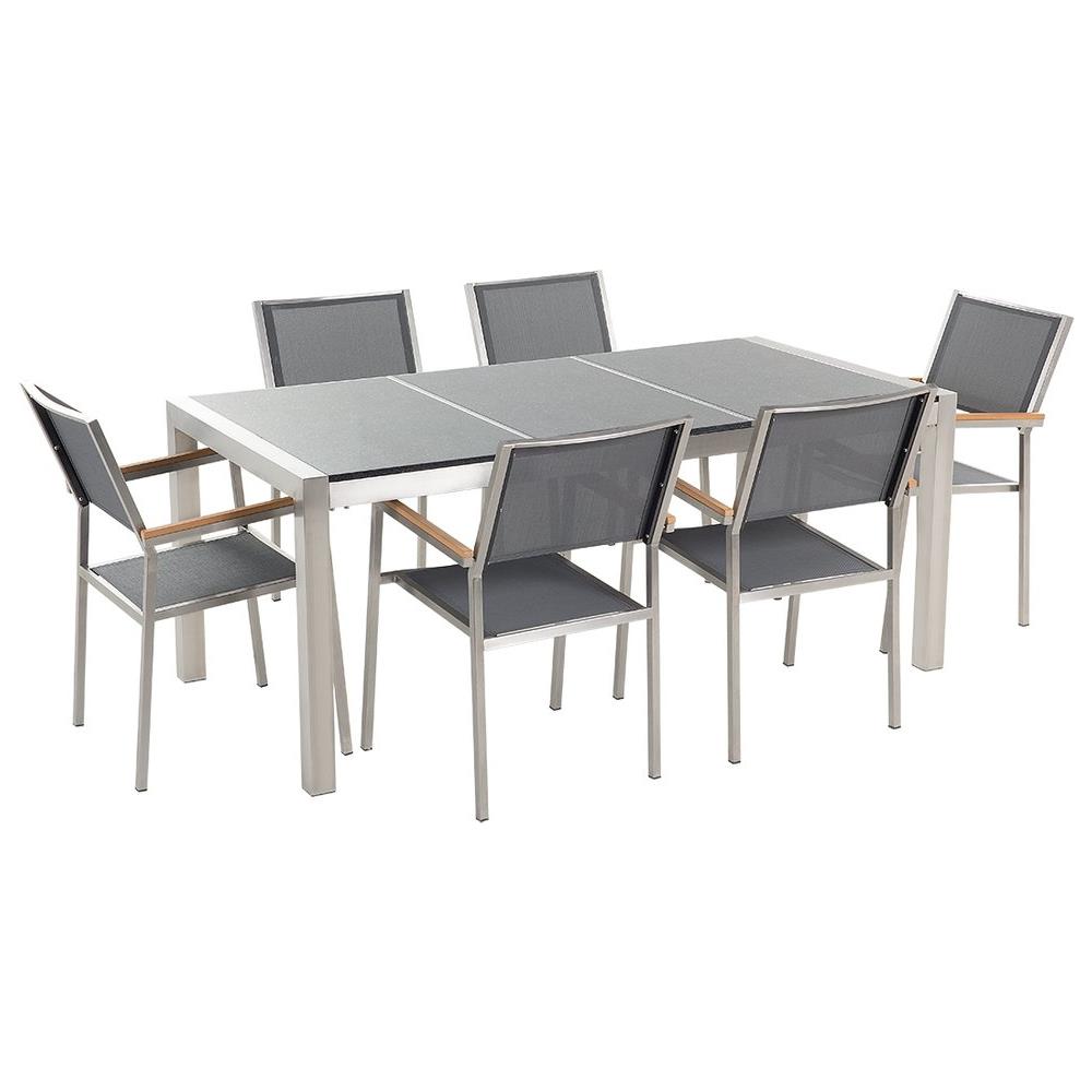 Set Di Tavolo E 6 Sedie Da Giardino In Acciaio, Granito E Fibra Tessile Grigia - Grigio Lucido - 180cm - Grosseto - Foto 1