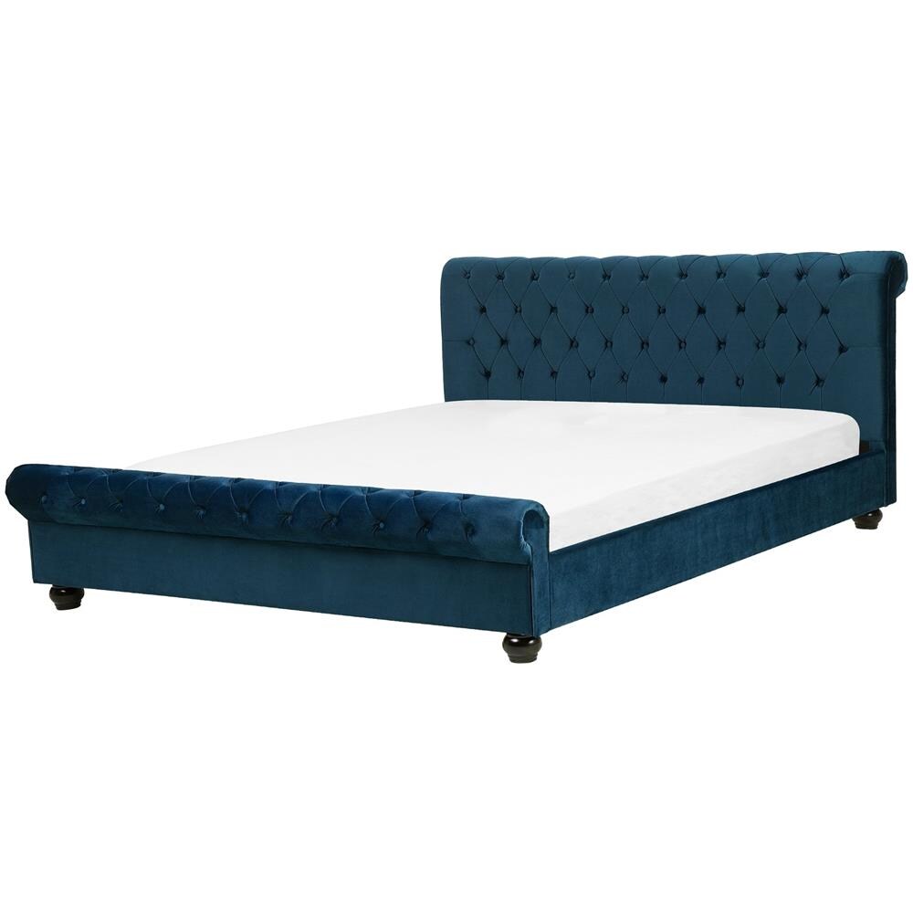 Letto Matrimoniale In Velluto Blu Stile Chesterfield 180x200cm Avallon - Foto 1