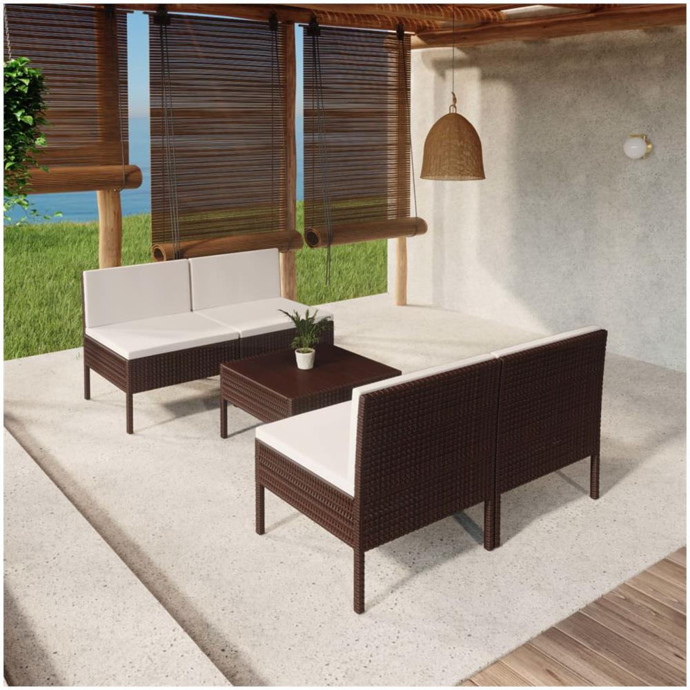 Set Divani Da Giardino 5 Pz Con Cuscini In Polyrattan Marrone - Foto 1
