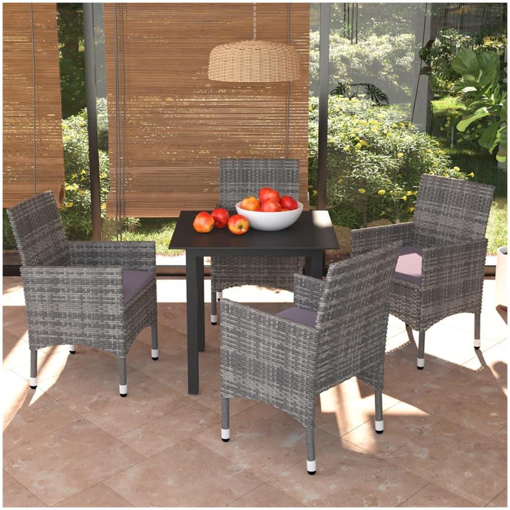 Set Da Pranzo Per Giardino 5 Pz Con Cuscini Polyrattan Grigio - Foto 1