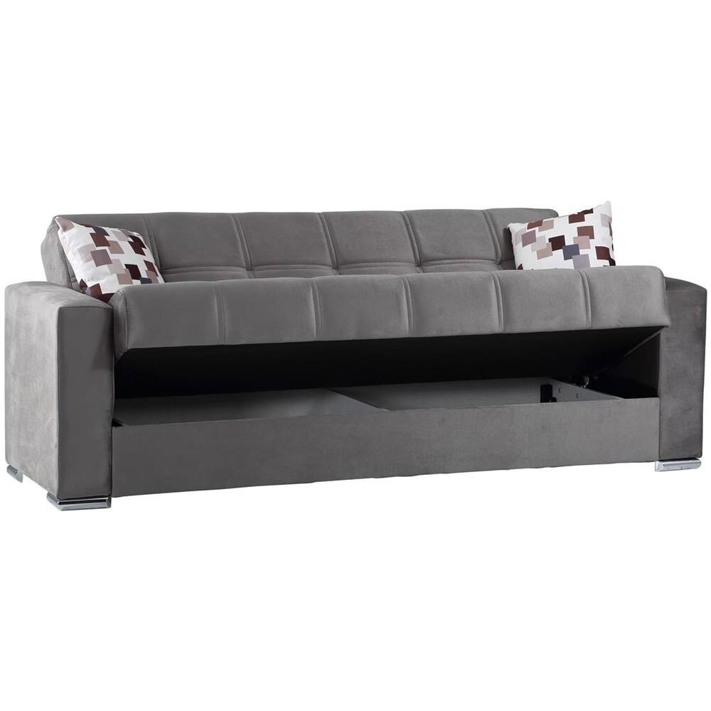 Divano Letto Francisco, Divano Letto Contenitore A 3 Posti Lineare, Sofà Da Soggiorno In Tessuto Imbottito Con Apertura Click-clack, 226x85h91 Cm, Grigio - Foto 2