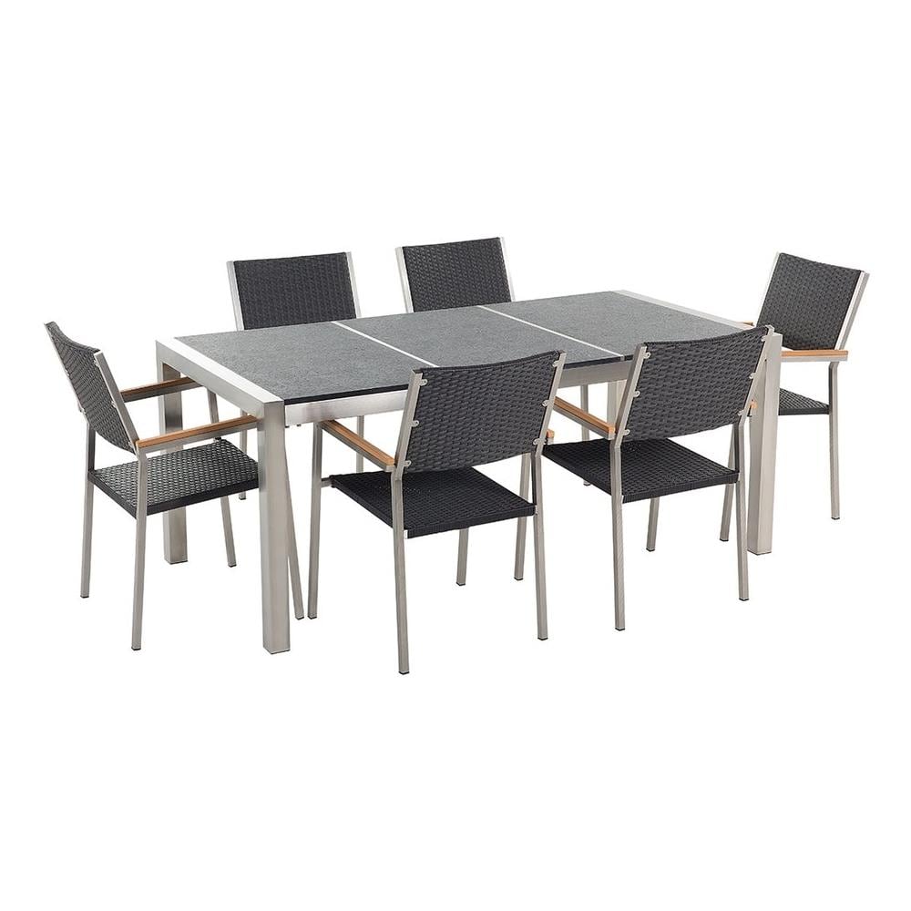 Set Di Tavolo E Sedie Da Giardino In Acciaio, Basalto E Rattan - 180cm - Nero Fiammato - Grosseto - Foto 1